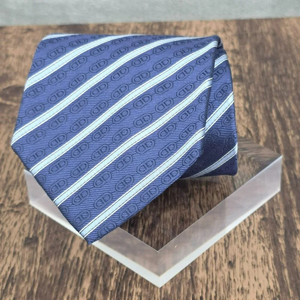 Celine Neck Tie 100% Silk Blue Striped Chain Designer Italian Quality Corpcore